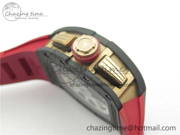 RM011 RG Case Carbon Bezel Chronograph KVF 1:1 Best Edition Skeleton Dial Red RG on Red Rubber Strap A7750 V2