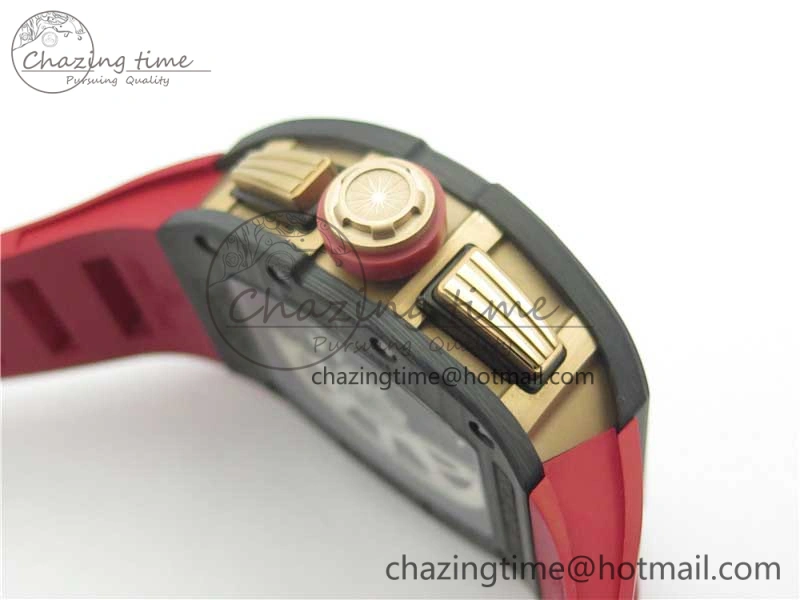 RM011 RG Case Carbon Bezel Chronograph KVF 1:1 Best Edition Skeleton Dial Red RG on Red Rubber Strap A7750 V2