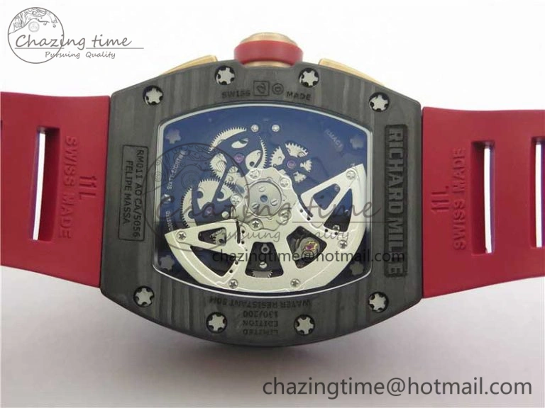 RM011 RG Case Carbon Bezel Chronograph KVF 1:1 Best Edition Skeleton Dial Red RG on Red Rubber Strap A7750 V2
