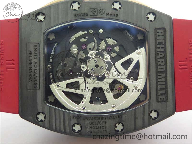 RM011 RG Case Carbon Bezel Chronograph KVF 1:1 Best Edition Skeleton Dial Red RG on Red Rubber Strap A7750 V2