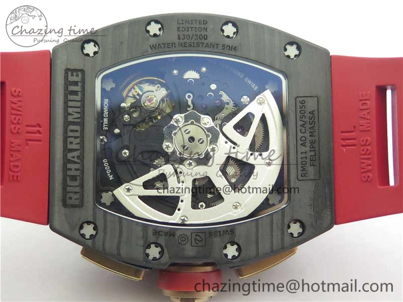 RM011 RG Case Carbon Bezel Chronograph KVF 1:1 Best Edition Skeleton Dial Red RG on Red Rubber Strap A7750 V2