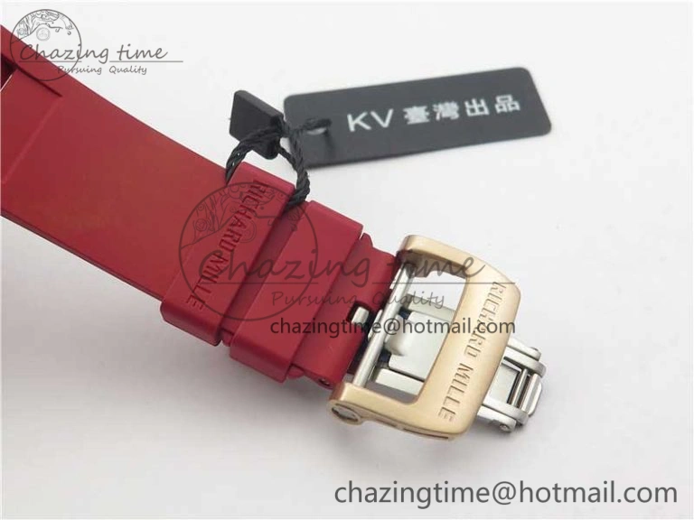 RM011 RG Case Carbon Bezel Chronograph KVF 1:1 Best Edition Skeleton Dial Red RG on Red Rubber Strap A7750 V2