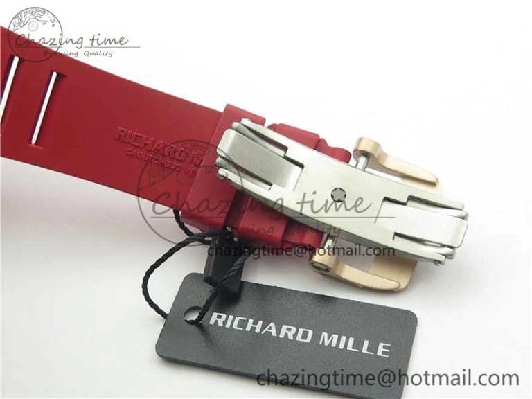 RM011 RG Case Carbon Bezel Chronograph KVF 1:1 Best Edition Skeleton Dial Red RG on Red Rubber Strap A7750 V2
