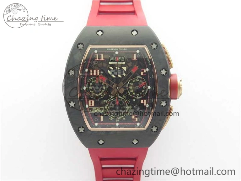 RM011 RG Case Carbon Bezel Chronograph KVF 1:1 Best Edition Skeleton Dial Red RG on Red Rubber Strap A7750 V2
