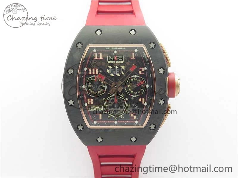 RM011 RG Case Carbon Bezel Chronograph KVF 1:1 Best Edition Skeleton Dial Red RG on Red Rubber Strap A7750 V2