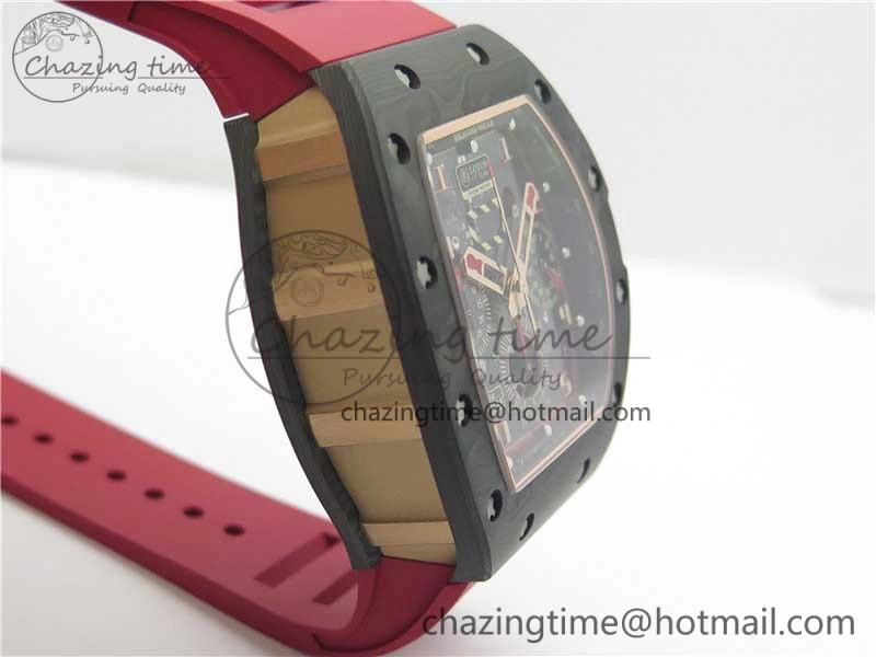 RM011 RG Case Carbon Bezel Chronograph KVF 1:1 Best Edition Skeleton Dial Red RG on Red Rubber Strap A7750 V2
