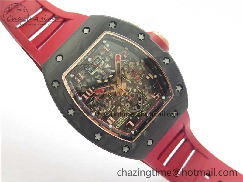 RM011 RG Case Carbon Bezel Chronograph KVF 1:1 Best Edition Skeleton Dial Red RG on Red Rubber Strap A7750 V2