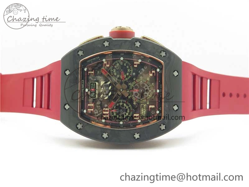 RM011 RG Case Carbon Bezel Chronograph KVF 1:1 Best Edition Skeleton Dial Red RG on Red Rubber Strap A7750 V2
