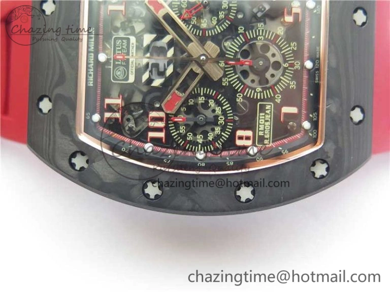 RM011 RG Case Carbon Bezel Chronograph KVF 1:1 Best Edition Skeleton Dial Red RG on Red Rubber Strap A7750 V2