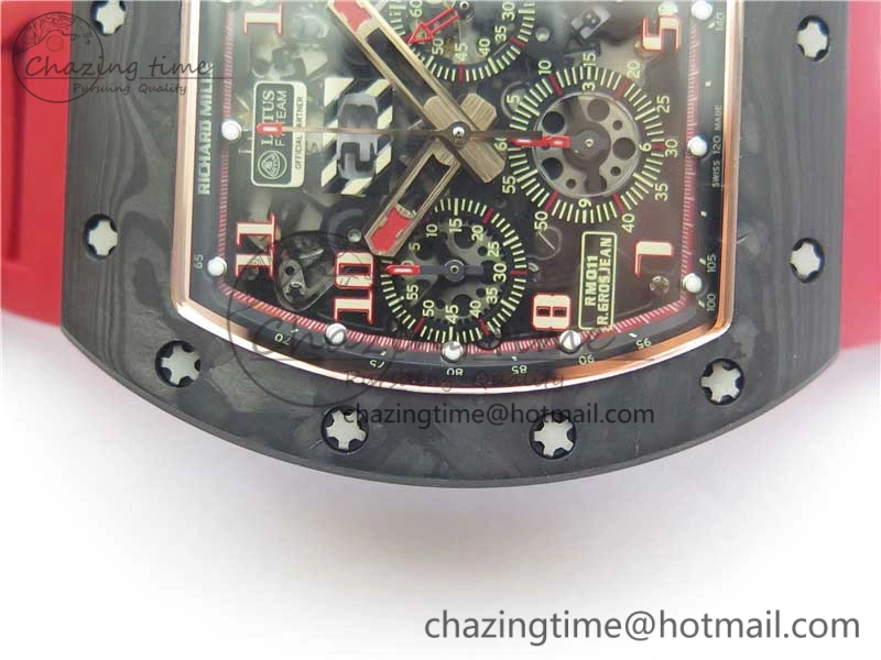 RM011 RG Case Carbon Bezel Chronograph KVF 1:1 Best Edition Skeleton Dial Red RG on Red Rubber Strap A7750 V2