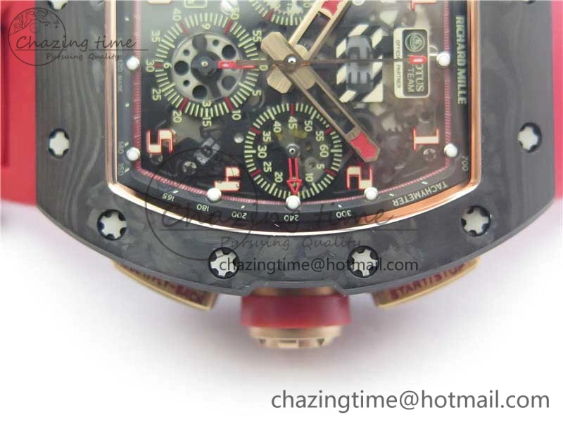 RM011 RG Case Carbon Bezel Chronograph KVF 1:1 Best Edition Skeleton Dial Red RG on Red Rubber Strap A7750 V2