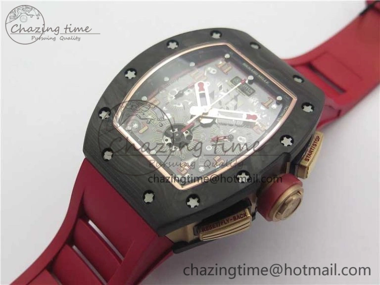 RM011 RG Case Carbon Bezel Chronograph KVF 1:1 Best Edition Skeleton Dial Red RG on Red Rubber Strap A7750 V2