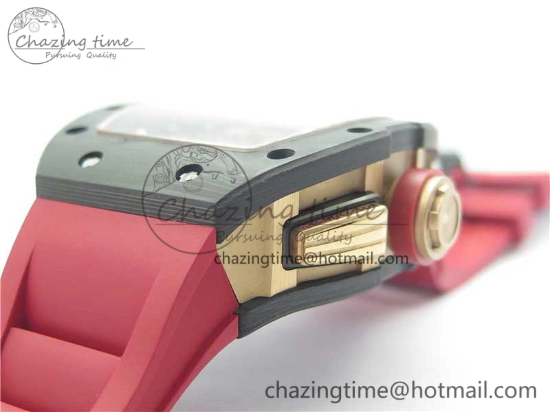 RM011 RG Case Carbon Bezel Chronograph KVF 1:1 Best Edition Skeleton Dial Red RG on Red Rubber Strap A7750 V2