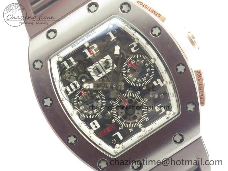RM011 RG Case Chrono KVF 1:1 Best Edition Black Ceramic Bezel Skeleton Dial On Black Rubber Strap A7750