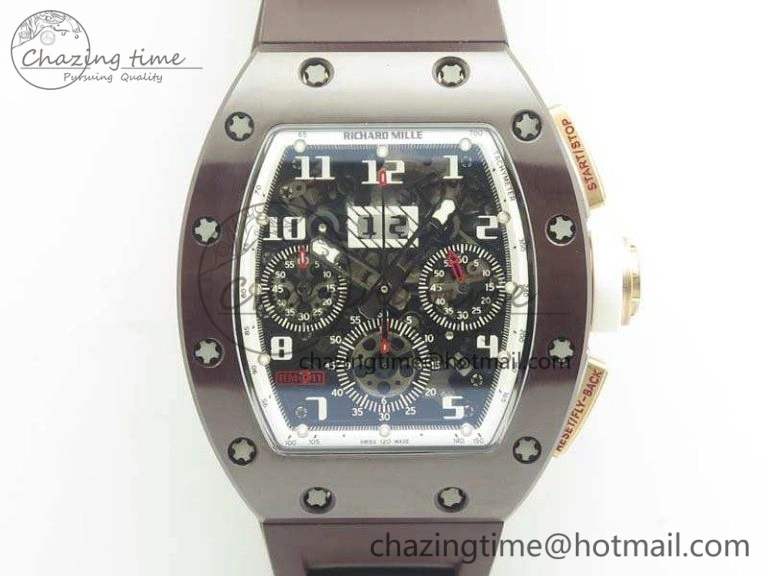 RM011 RG Case Chrono KVF 1:1 Best Edition Black Ceramic Bezel Skeleton Dial On Black Rubber Strap A7750