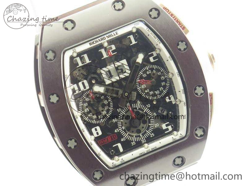 RM011 RG Case Chrono KVF 1:1 Best Edition Black Ceramic Bezel Skeleton Dial On Rubber Strap A7750