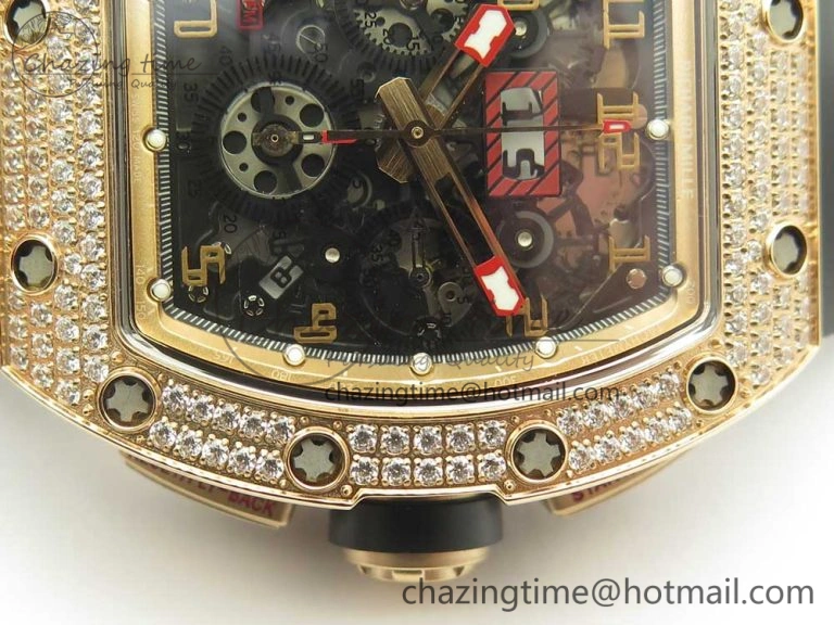 RM011 RG Chronograph Diamonds Bezel KVF 1:1 Best Edition Crystal Skeleton Dial on Black Rubber Strap A7750