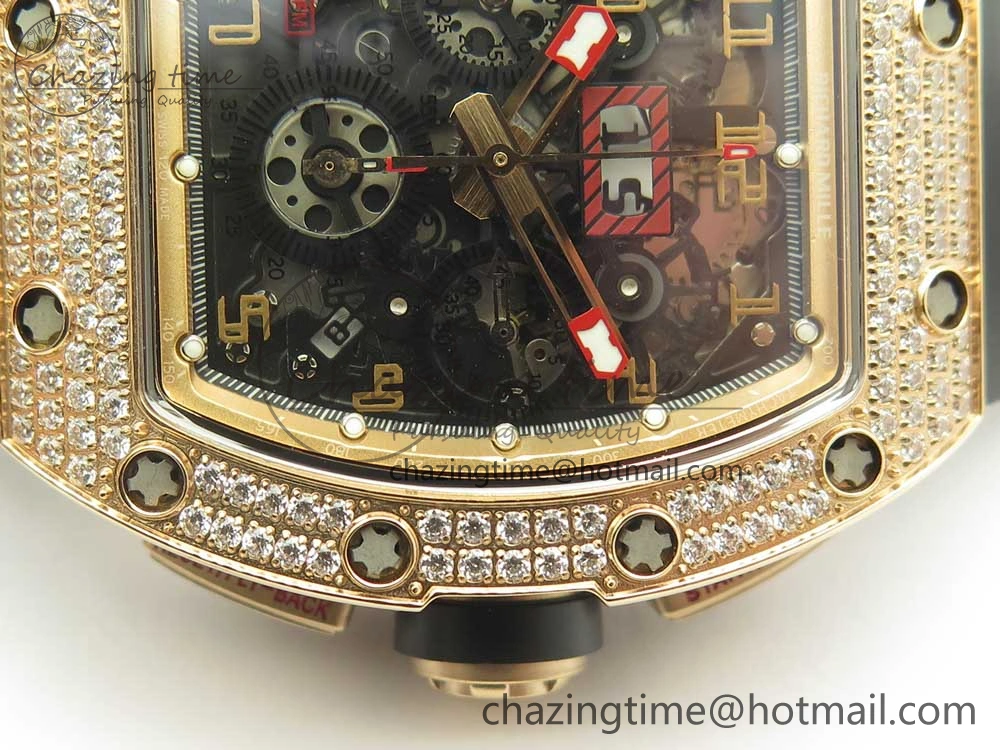 RM011 RG Chronograph Diamonds Bezel KVF 1:1 Best Edition Crystal Skeleton Dial on Black Rubber Strap A7750