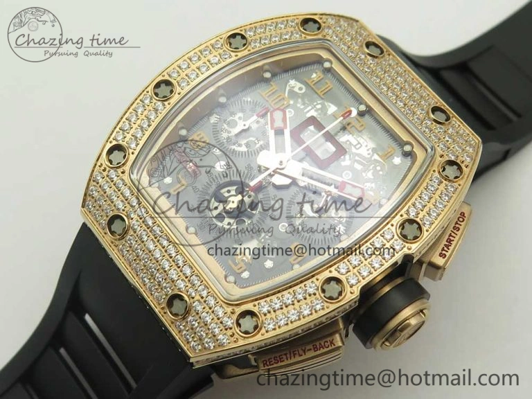 RM011 RG Chronograph Diamonds Bezel KVF 1:1 Best Edition Crystal Skeleton Dial on Black Rubber Strap A7750