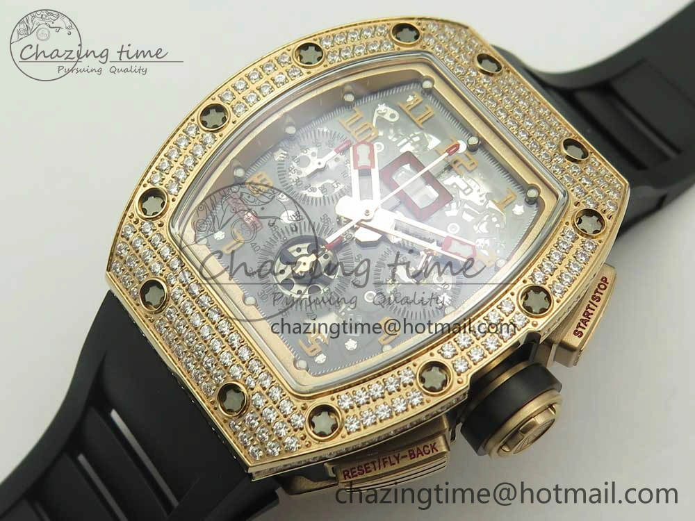 RM011 RG Chronograph Diamonds Bezel KVF 1:1 Best Edition Crystal Skeleton Dial on Black Rubber Strap A7750
