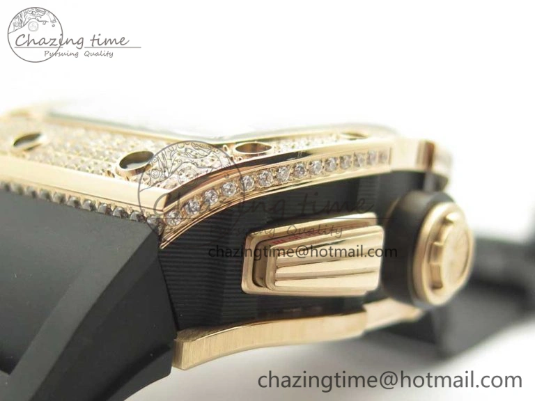 RM011 RG Chronograph Diamonds Bezel KVF 1:1 Best Edition Crystal Skeleton Dial on Black Rubber Strap A7750