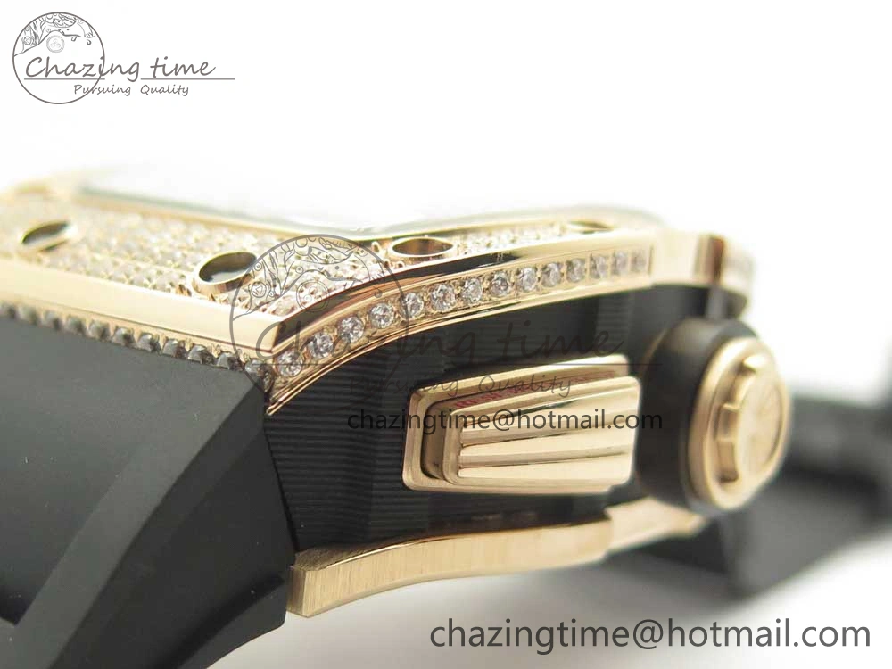 RM011 RG Chronograph Diamonds Bezel KVF 1:1 Best Edition Crystal Skeleton Dial on Black Rubber Strap A7750