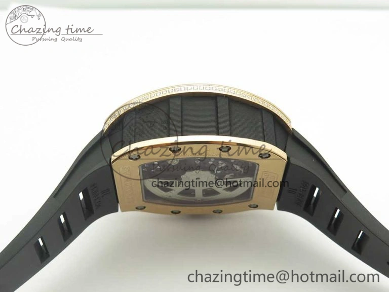 RM011 RG Chronograph Diamonds Bezel KVF 1:1 Best Edition Crystal Skeleton Dial on Black Rubber Strap A7750