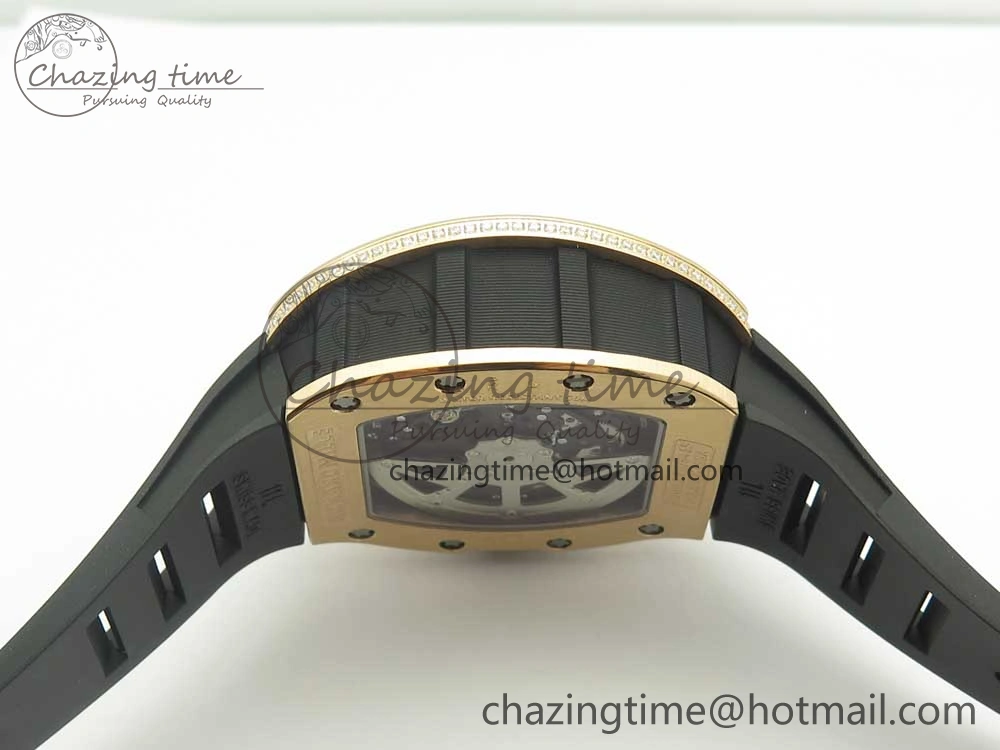 RM011 RG Chronograph Diamonds Bezel KVF 1:1 Best Edition Crystal Skeleton Dial on Black Rubber Strap A7750