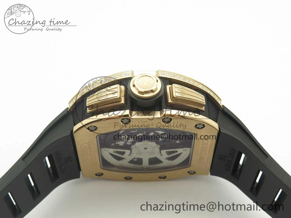 RM011 RG Chronograph Diamonds Bezel KVF 1:1 Best Edition Crystal Skeleton Dial on Black Rubber Strap A7750