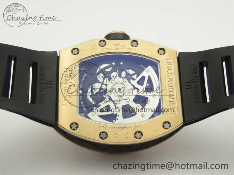 RM011 RG Chronograph Diamonds Bezel KVF 1:1 Best Edition Crystal Skeleton Dial on Black Rubber Strap A7750