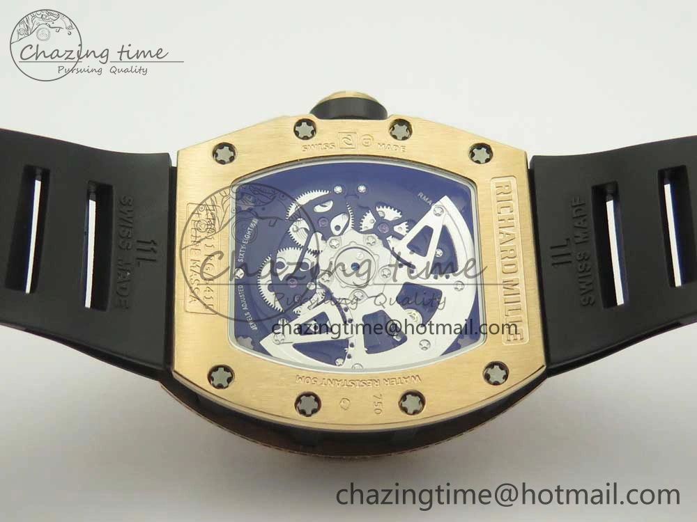 RM011 RG Chronograph Diamonds Bezel KVF 1:1 Best Edition Crystal Skeleton Dial on Black Rubber Strap A7750