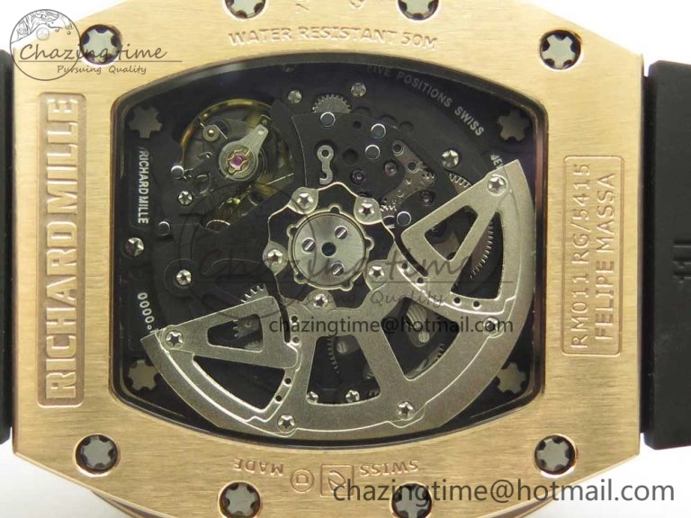 RM011 RG Chronograph Diamonds Bezel KVF 1:1 Best Edition Crystal Skeleton Dial on Black Rubber Strap A7750