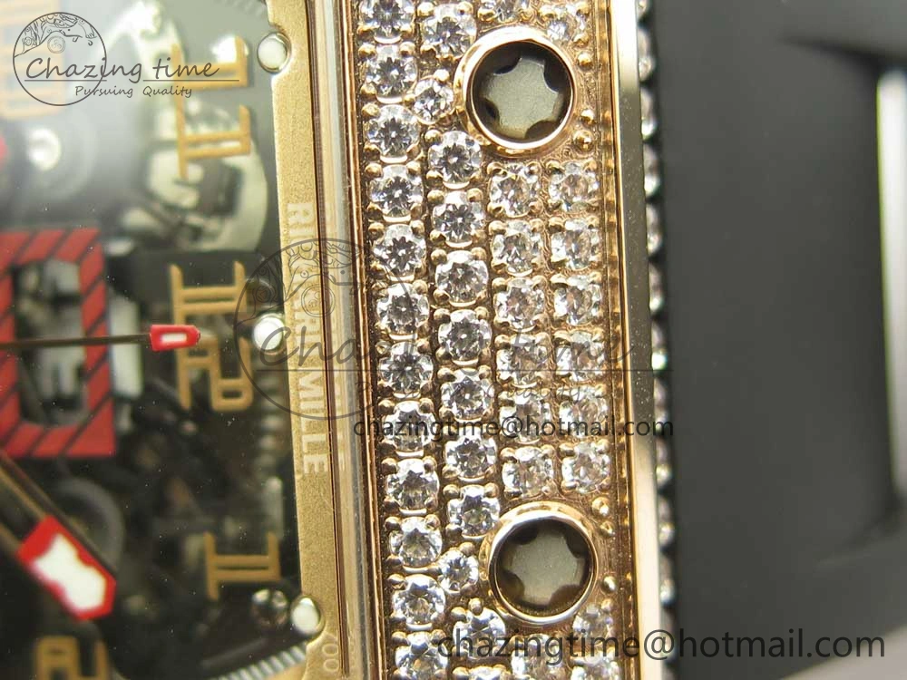 RM011 RG Chronograph Diamonds Bezel KVF 1:1 Best Edition Crystal Skeleton Dial on Black Rubber Strap A7750