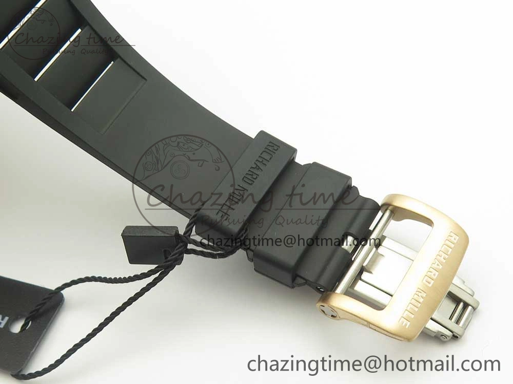 RM011 RG Chronograph Diamonds Bezel KVF 1:1 Best Edition Crystal Skeleton Dial on Black Rubber Strap A7750