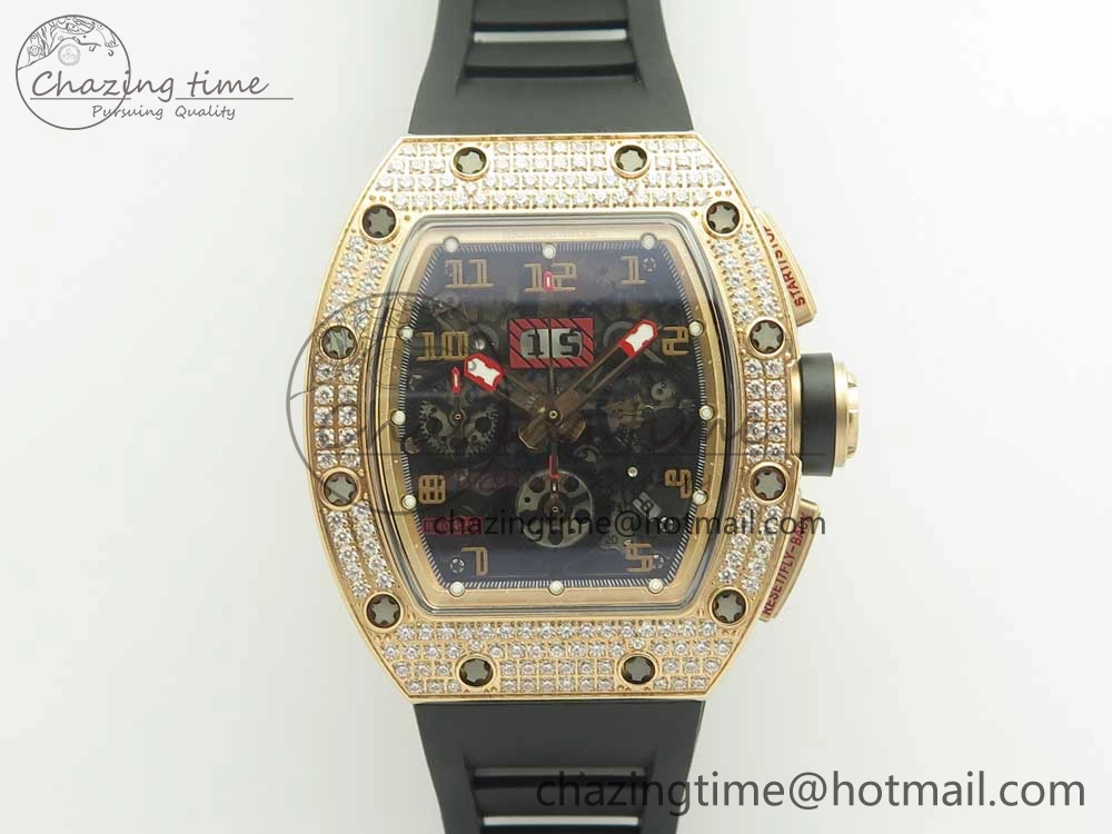RM011 RG Chronograph Diamonds Bezel KVF 1:1 Best Edition Crystal Skeleton Dial on Black Rubber Strap A7750