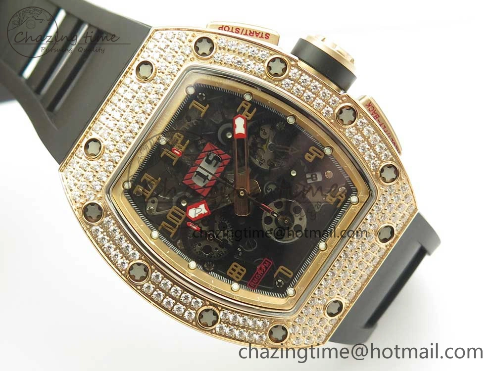 RM011 RG Chronograph Diamonds Bezel KVF 1:1 Best Edition Crystal Skeleton Dial on Black Rubber Strap A7750