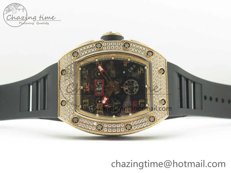 RM011 RG Chronograph Diamonds Bezel KVF 1:1 Best Edition Crystal Skeleton Dial on Black Rubber Strap A7750