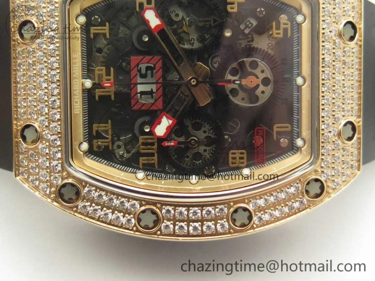 RM011 RG Chronograph Diamonds Bezel KVF 1:1 Best Edition Crystal Skeleton Dial on Black Rubber Strap A7750
