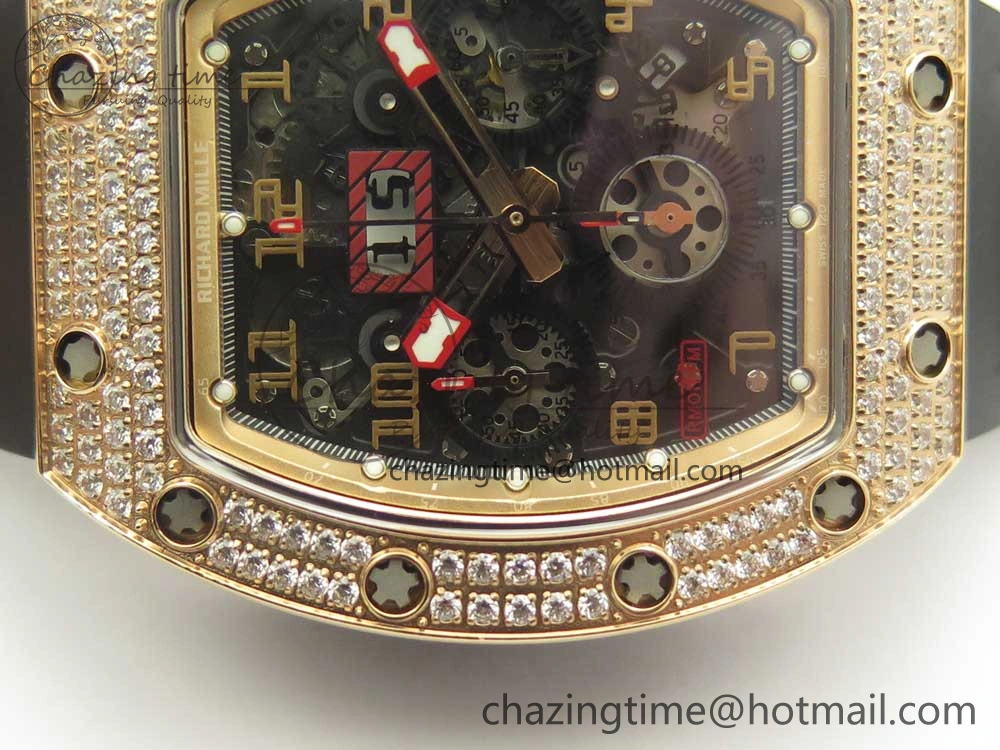 RM011 RG Chronograph Diamonds Bezel KVF 1:1 Best Edition Crystal Skeleton Dial on Black Rubber Strap A7750