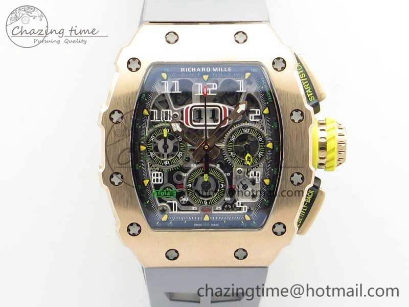 RM011 RG Chronograph RG Case KVF 1:1 Best Edition Crystal Skeleton Dial On Gray Rubber Strap A7750
