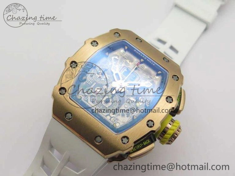RM011 RG Chronograph RG Case KVF 1:1 Best Edition Crystal Skeleton Dial On White Rubber Strap A7750