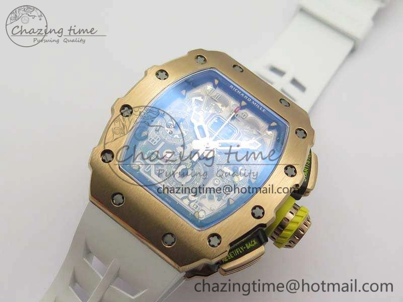 RM011 RG Chronograph RG Case KVF 1:1 Best Edition Crystal Skeleton Dial On White Rubber Strap A7750
