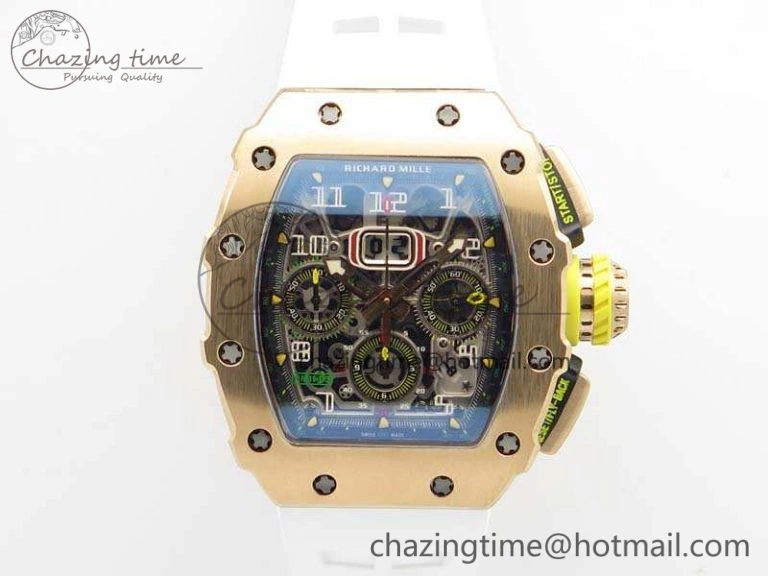 RM011 RG Chronograph RG Case KVF 1:1 Best Edition Crystal Skeleton Dial On White Rubber Strap A7750