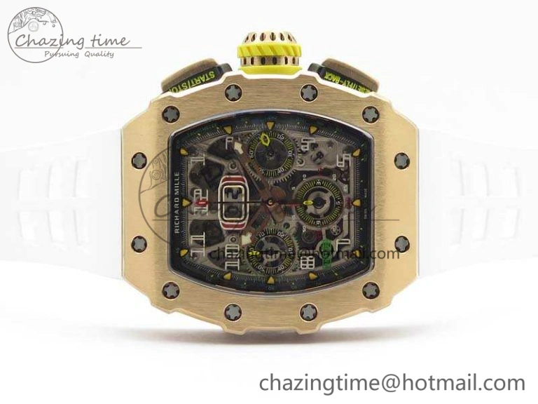 RM011 RG Chronograph RG Case KVF 1:1 Best Edition Crystal Skeleton Dial On White Rubber Strap A7750