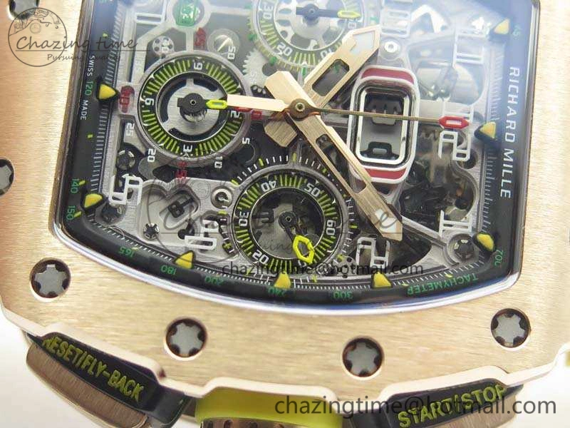 RM011 RG Chronograph RG Case KVF 1:1 Best Edition Crystal Skeleton Dial On Yellow Rubber Strap A7750