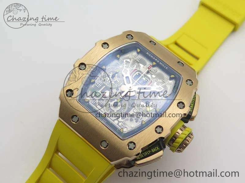 RM011 RG Chronograph RG Case KVF 1:1 Best Edition Crystal Skeleton Dial On Yellow Rubber Strap A7750