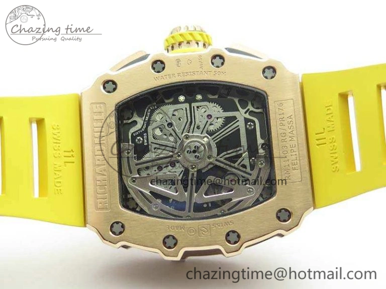 RM011 RG Chronograph RG Case KVF 1:1 Best Edition Crystal Skeleton Dial On Yellow Rubber Strap A7750