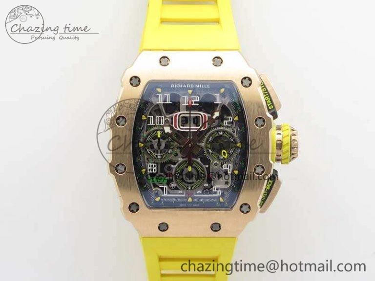 RM011 RG Chronograph RG Case KVF 1:1 Best Edition Crystal Skeleton Dial On Yellow Rubber Strap A7750