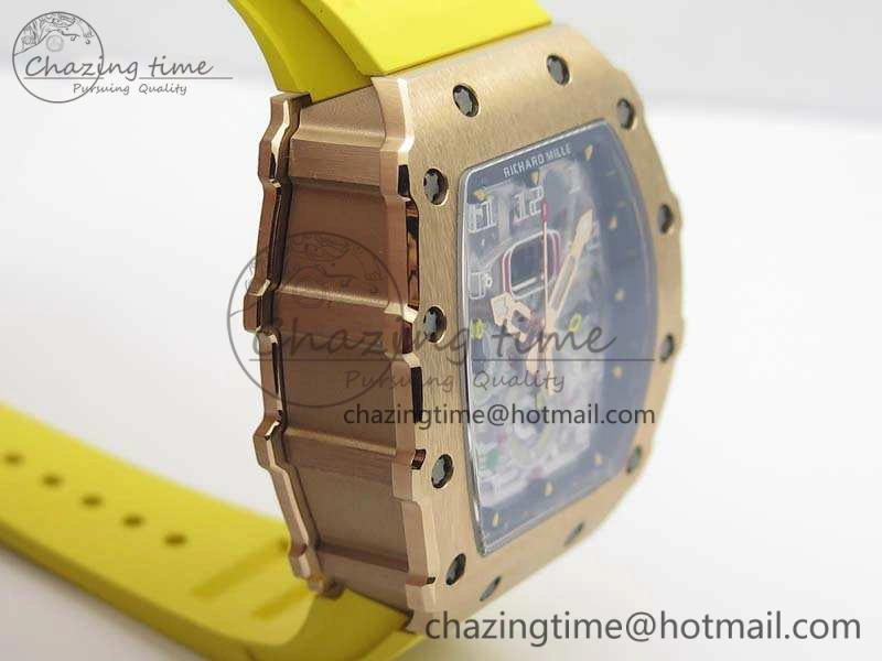 RM011 RG Chronograph RG Case KVF 1:1 Best Edition Crystal Skeleton Dial On Yellow Rubber Strap A7750