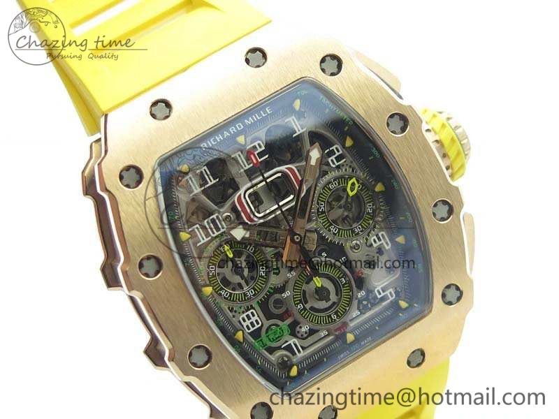 RM011 RG Chronograph RG Case KVF 1:1 Best Edition Crystal Skeleton Dial On Yellow Rubber Strap A7750